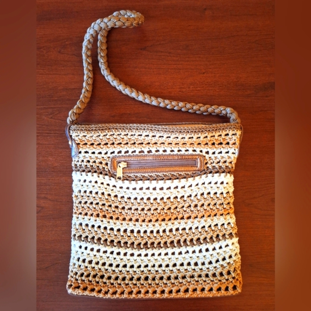 Luxy Crocheted Crossbody Bag Brown and Cream Striped Very Good Condition